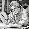 火影同人本子漫画指导老师佐助君，戴眼镜的男性插画师在数位板前认真绘制同人本子线稿