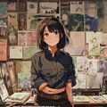 火影同人本子编辑部主编木叶小樱，短发女性创作者在工作室中微笑，背景是满墙的火影同人画稿