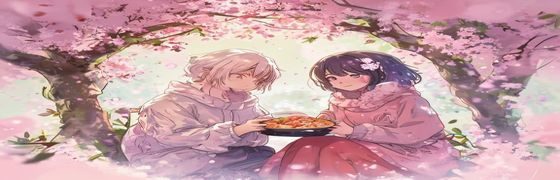 鸣雏温馨日常火影同人本子封面，鸣人与雏田在樱花树下共享便当，粉紫色调温柔治愈